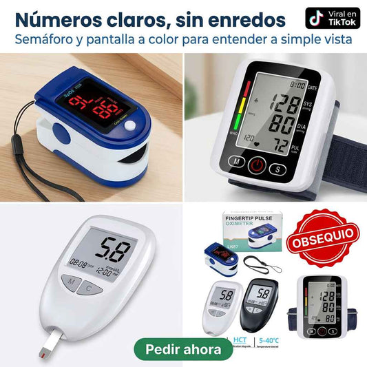 MIDE TUS 3 INDICADORES DESDE CASA — COMBO TENSIOMETRO + GLUCOMETRO + OBSEQUIO OXIMETRO™
